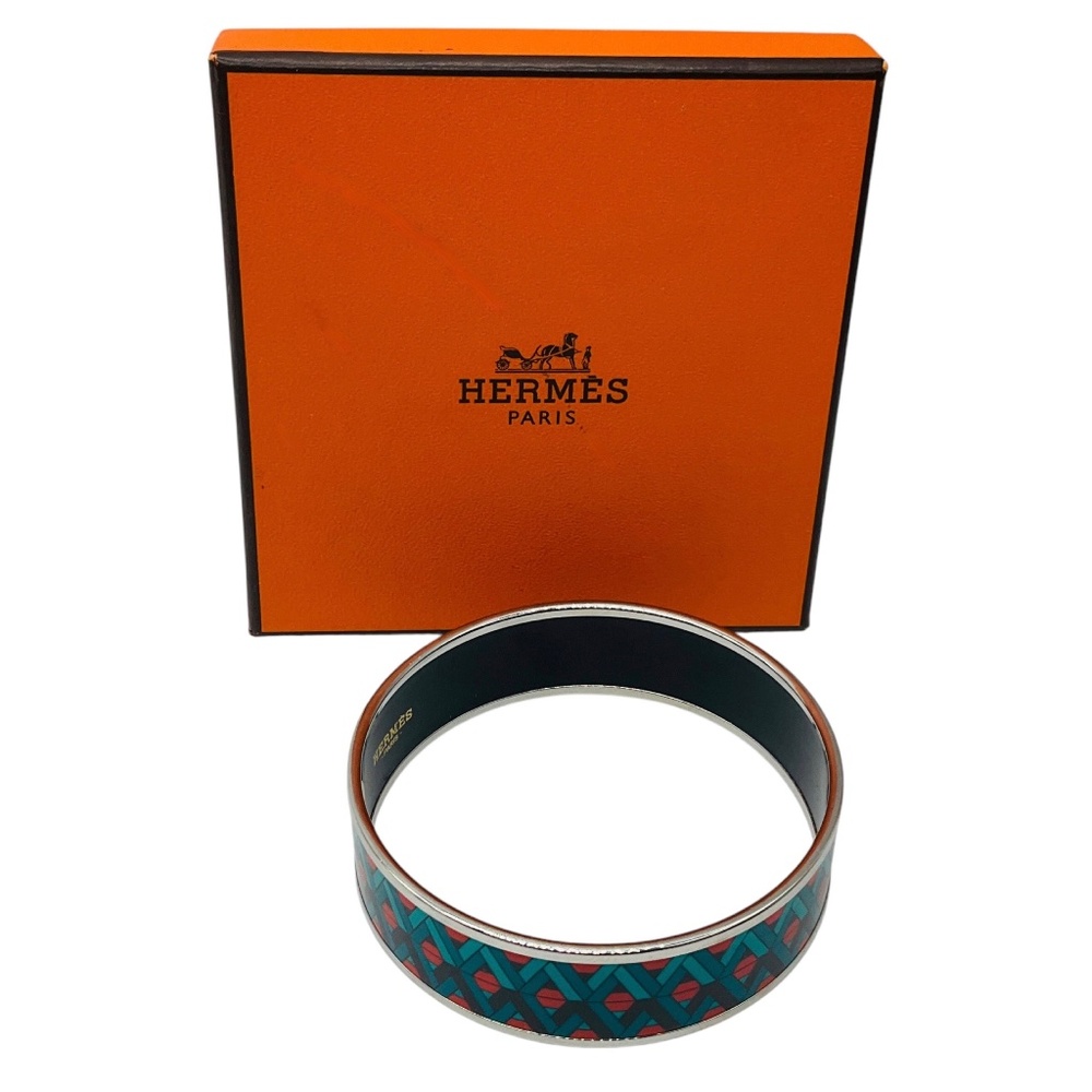 HERMES BLUE / RED MULTI GEOMETRIC PATTERN PRINT ENAMEL BANGLE BRACELET